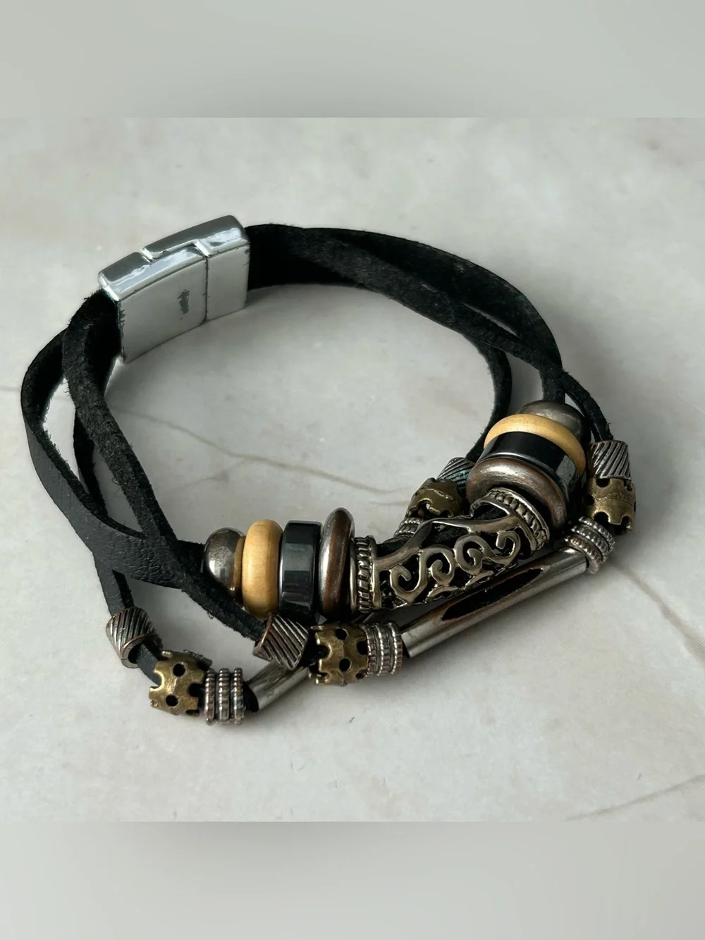 Multi-Strand Black Suede Bracelet with Mixed Metal Beads